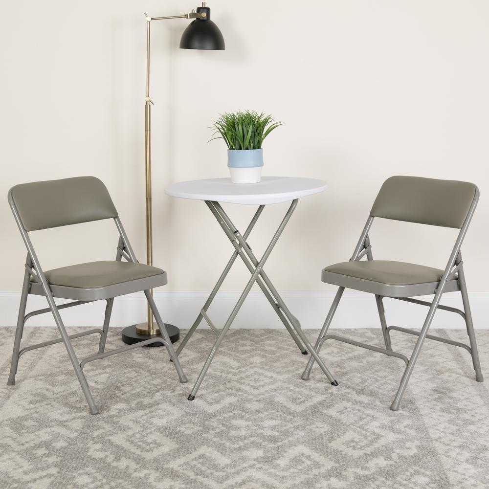 Curved Triple Braced & Double Hinged Gray Vinyl Metal Folding Chair. Picture 18