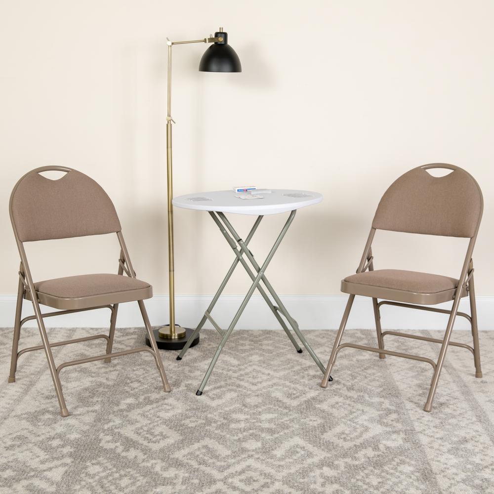 Ultra-Premium Triple Braced Beige Fabric Metal Folding Chair with Easy-Carry Handle. Picture 16