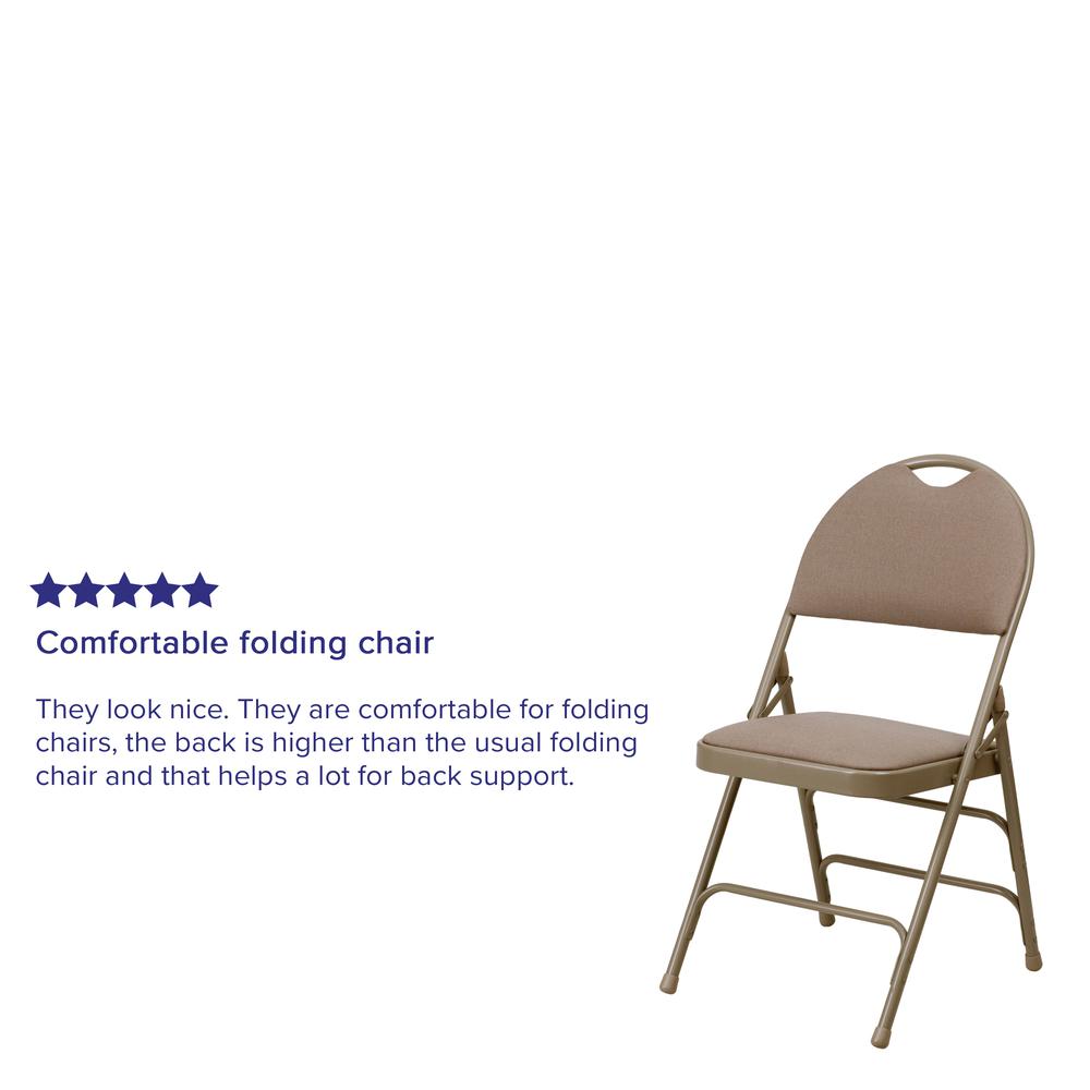 Ultra-Premium Triple Braced Beige Fabric Metal Folding Chair with Easy-Carry Handle. Picture 17