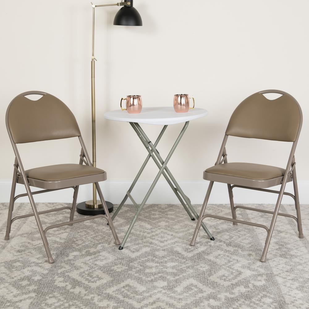 Ultra-Premium Triple Braced Beige Vinyl Metal Folding Chair with Easy-Carry Handle. Picture 16