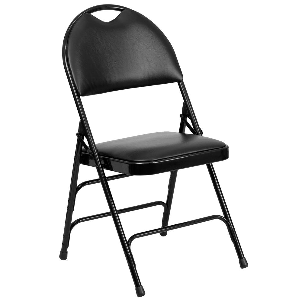 Ultra-Premium Triple Braced Black Vinyl Metal Folding Chair with Easy-Carry Handle. Picture 10