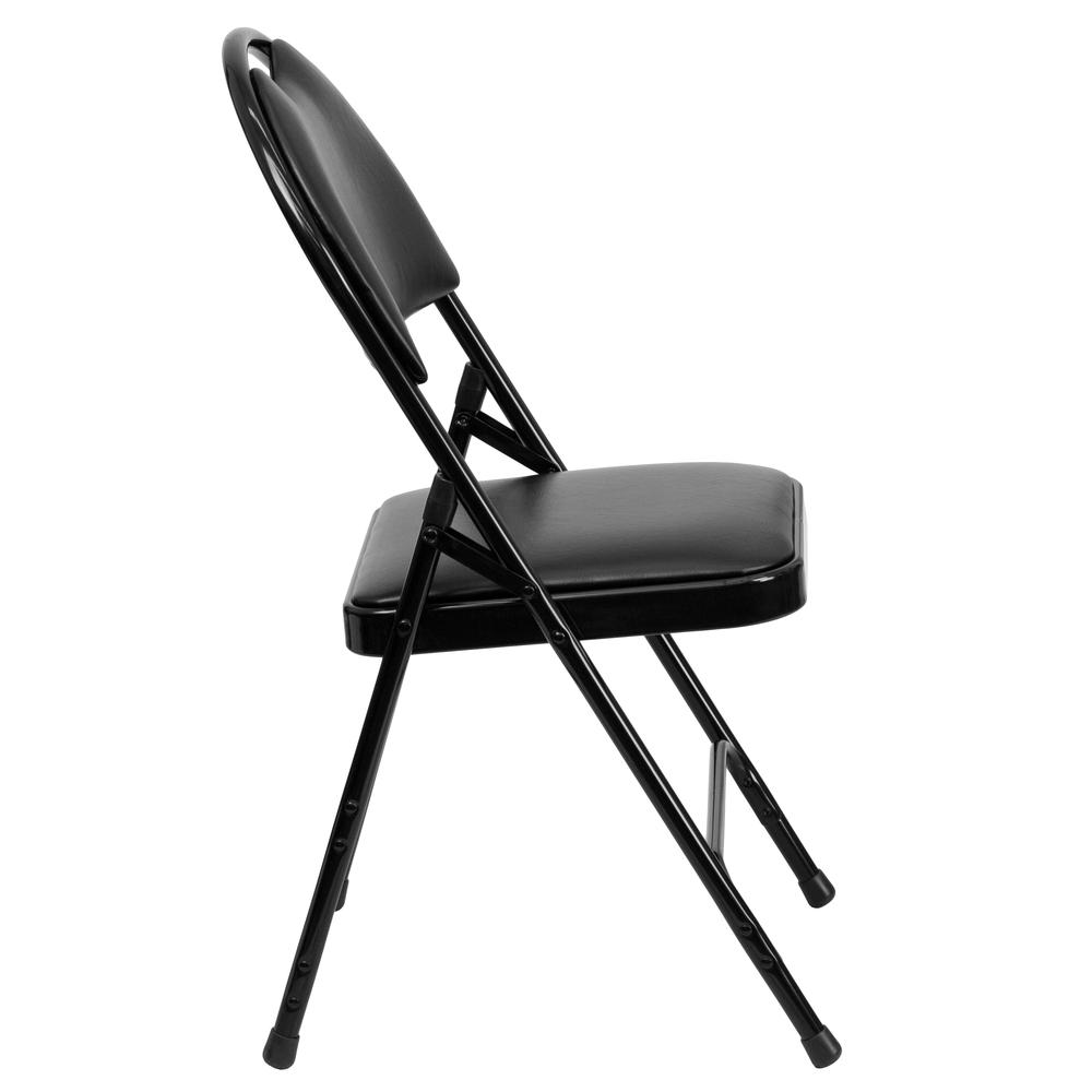 Ultra-Premium Triple Braced Black Vinyl Metal Folding Chair with Easy-Carry Handle. Picture 12