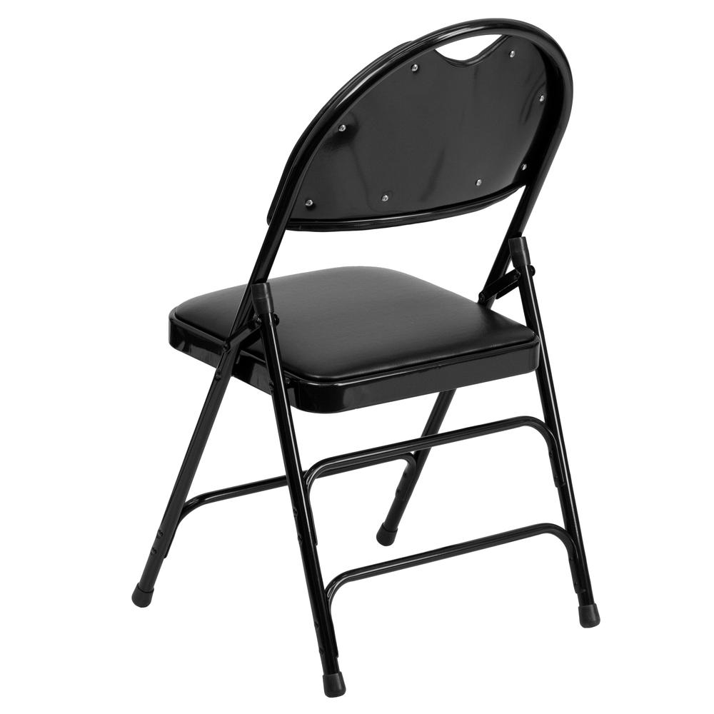 Ultra-Premium Triple Braced Black Vinyl Metal Folding Chair with Easy-Carry Handle. Picture 13