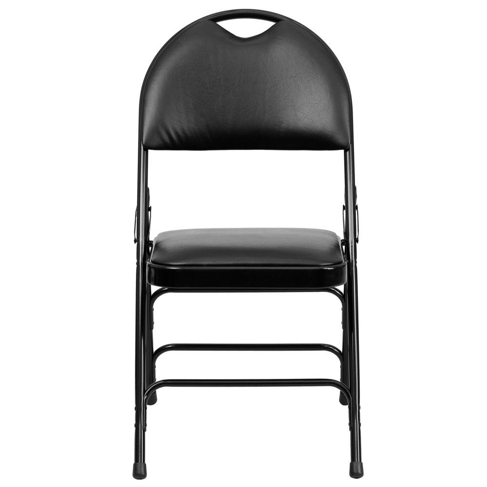 Ultra-Premium Triple Braced Black Vinyl Metal Folding Chair with Easy-Carry Handle. Picture 14