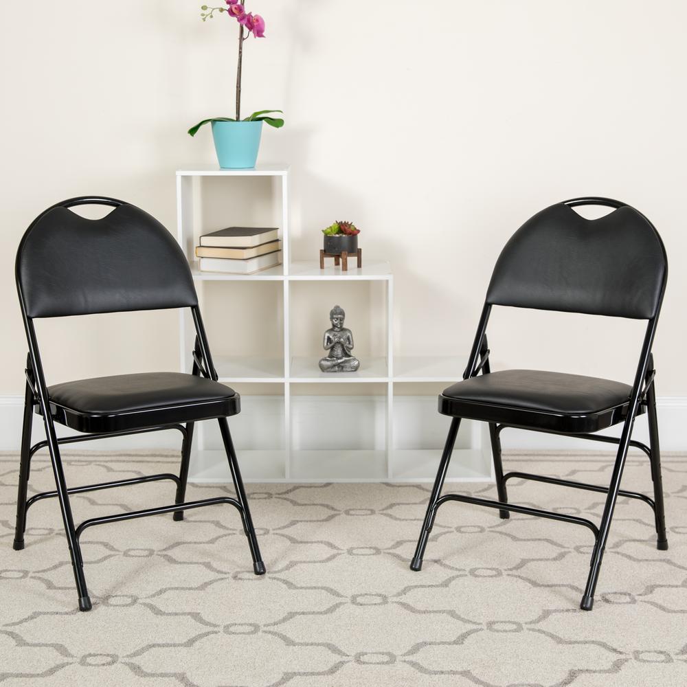 Ultra-Premium Triple Braced Black Vinyl Metal Folding Chair with Easy-Carry Handle. Picture 16