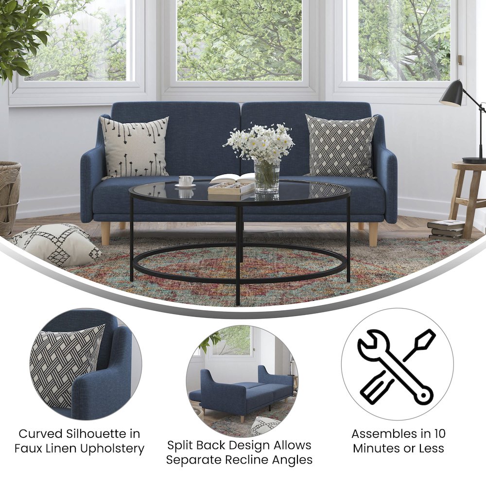 Split Back Sofa Futon - Navy Faux Linen Upholstery. Picture 4