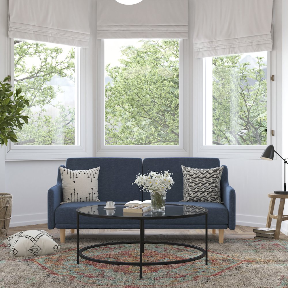 Split Back Sofa Futon - Navy Faux Linen Upholstery. Picture 2
