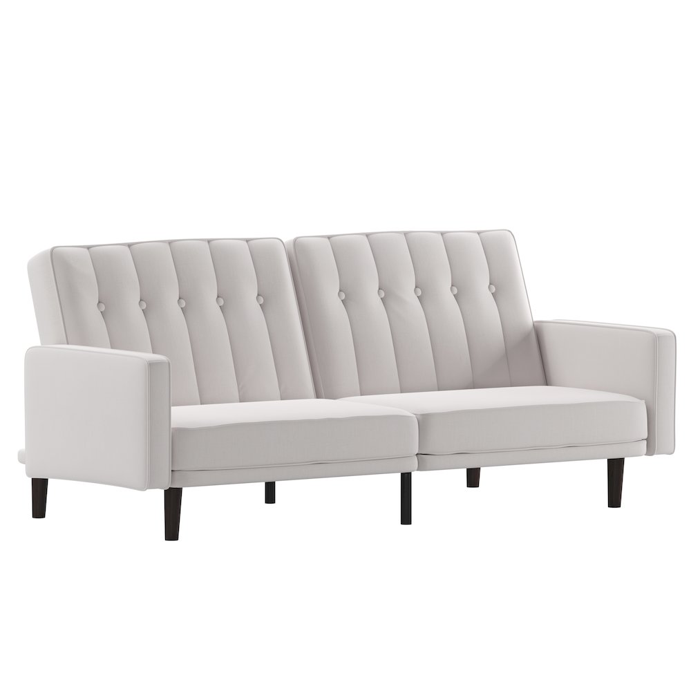 Sofa Futon in Stone Faux Linen Upholstery with Solid Wooden Legs. Picture 1