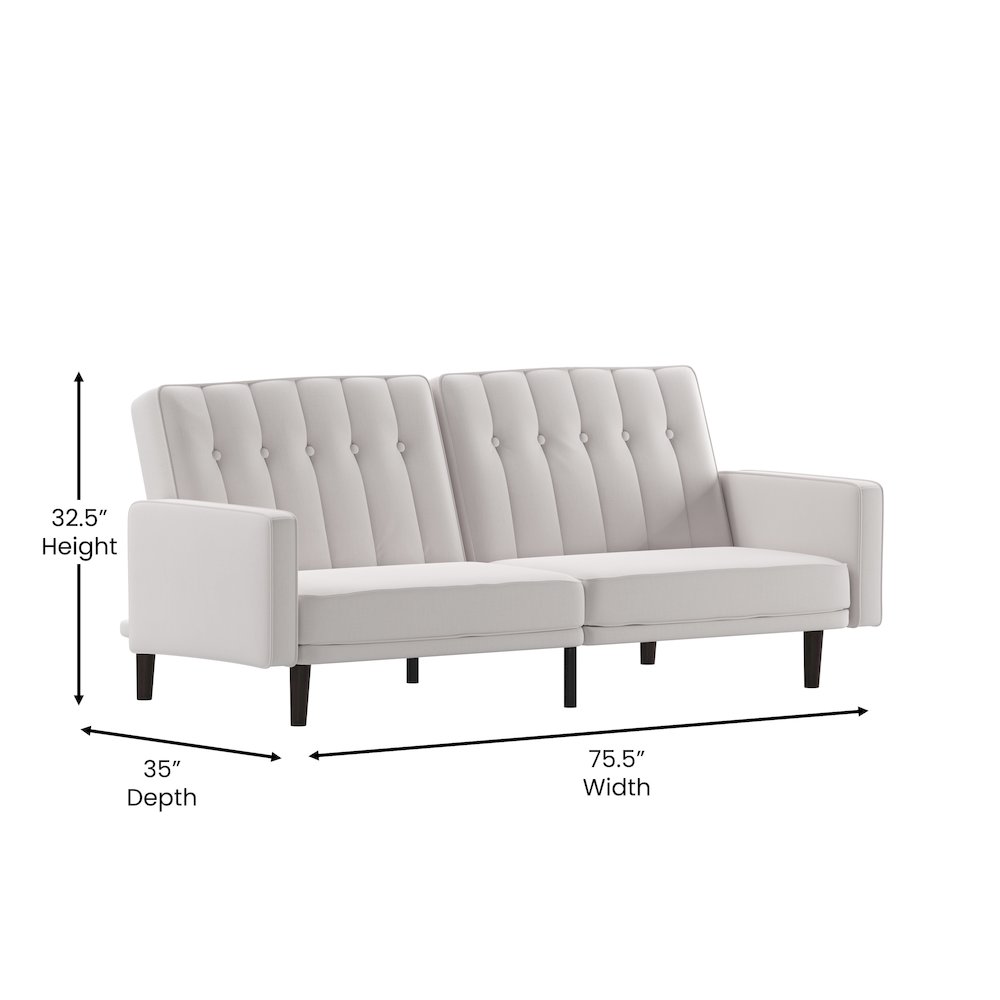 Sofa Futon in Stone Faux Linen Upholstery with Solid Wooden Legs. Picture 5