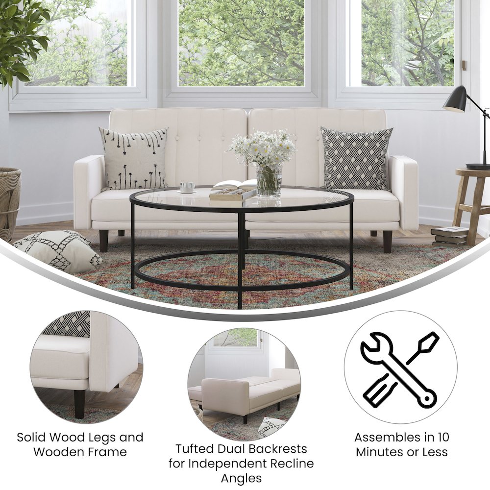 Sofa Futon in Stone Faux Linen Upholstery with Solid Wooden Legs. Picture 4