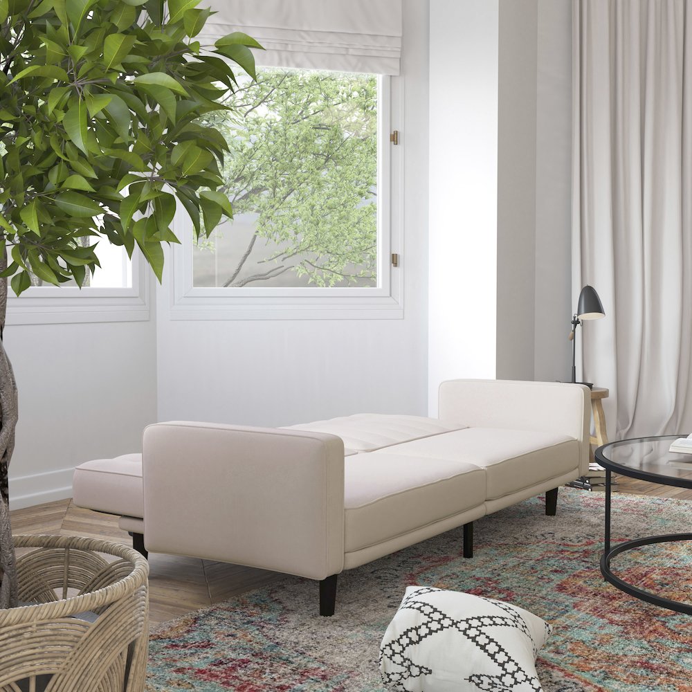 Sofa Futon in Stone Faux Linen Upholstery with Solid Wooden Legs. Picture 6