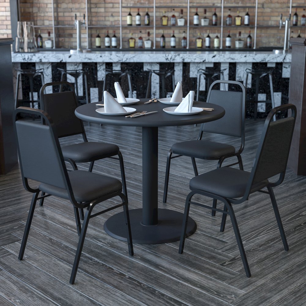 36'' Round Black Laminate Table Set with X-Base and 4 Black Trapezoidal Back Banquet Chairs. Picture 3