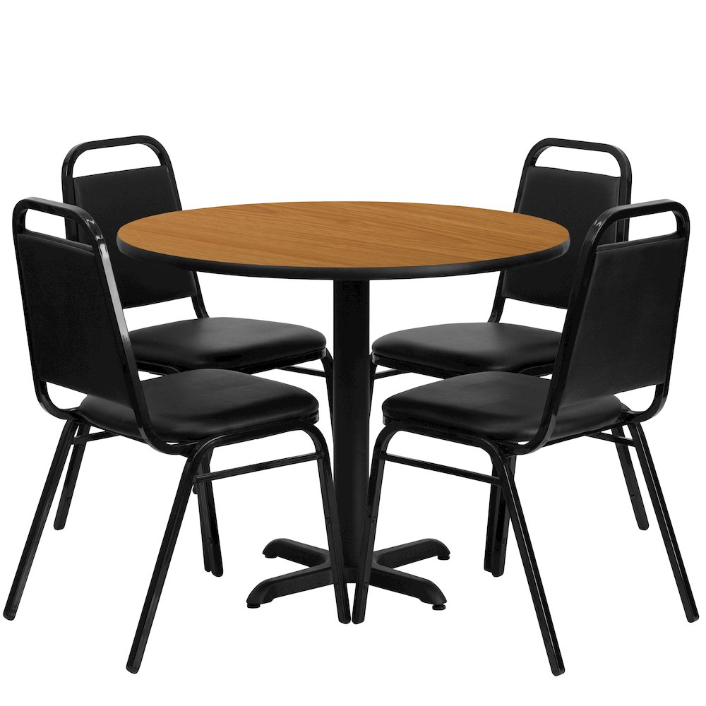 36'' Natural Table Set with X-Base and 4 Black Trapezoidal Back Banquet Chairs. Picture 1
