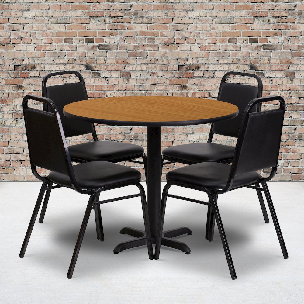 36'' Natural Table Set with X-Base and 4 Black Trapezoidal Back Banquet Chairs. Picture 2