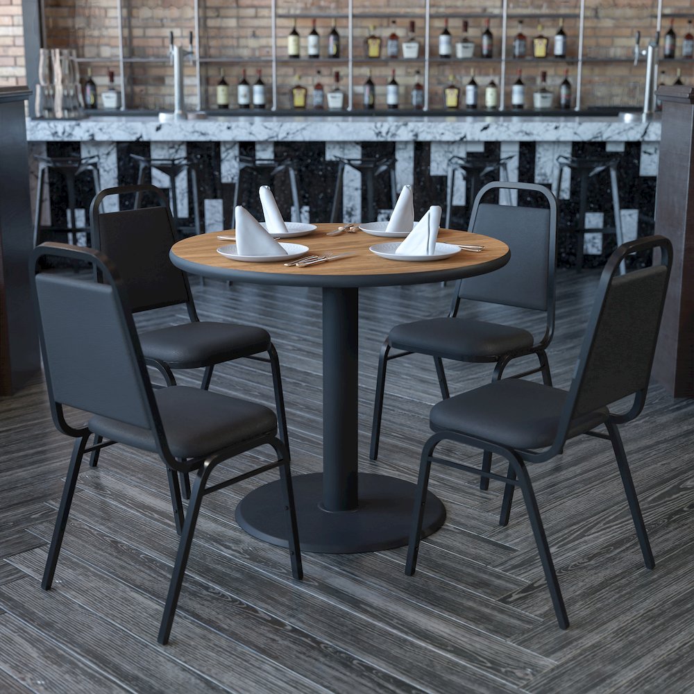 36'' Walnut Table Set with X-Base and 4 Black Trapezoidal Back Banquet Chairs. Picture 2