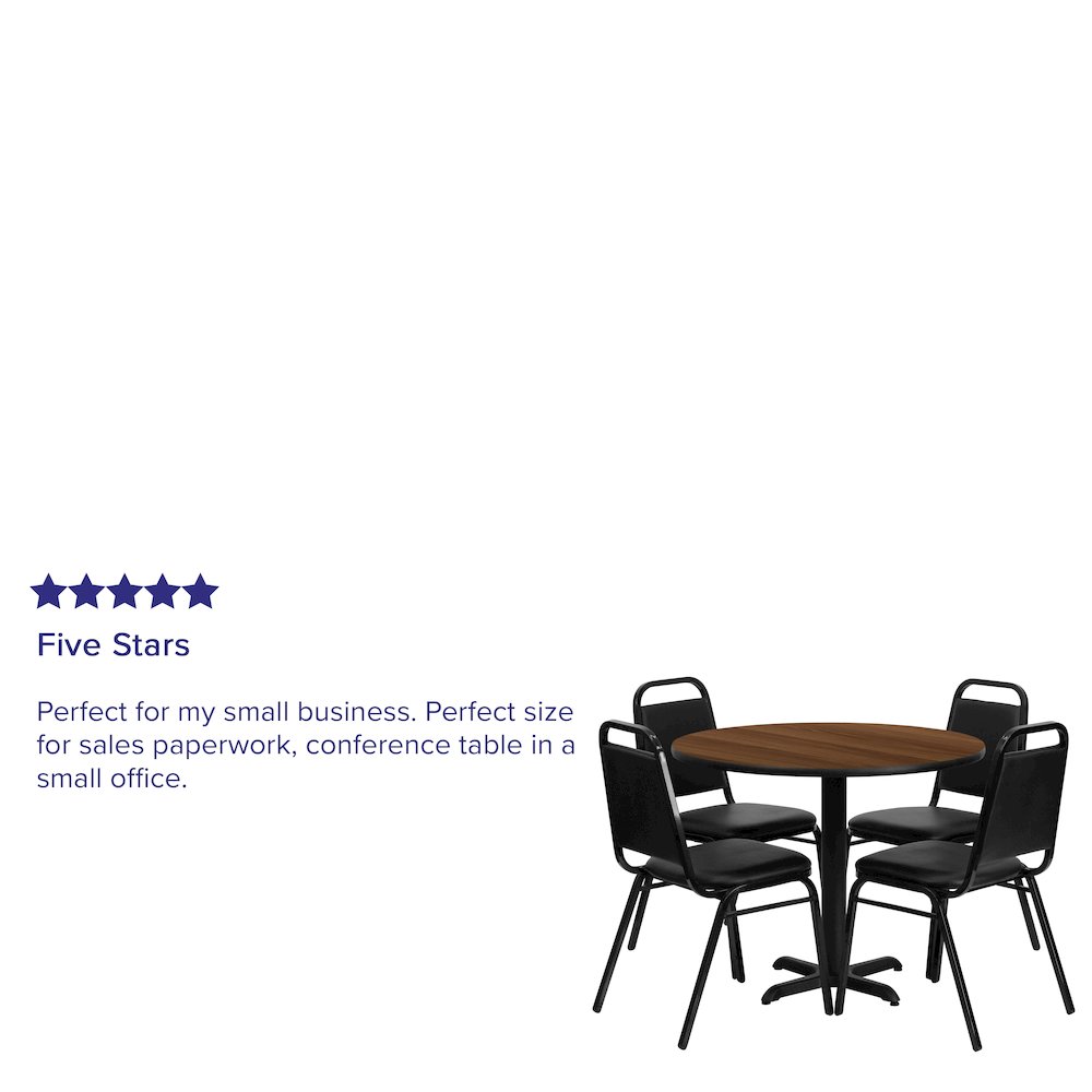 36'' Walnut Table Set with X-Base and 4 Black Trapezoidal Back Banquet Chairs. Picture 4
