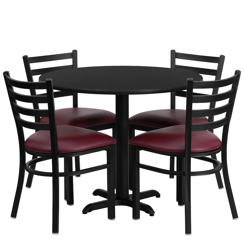 36'' Round Black Laminate Table Set with X-Base and 4 Ladder Back Metal Chairs - Burgundy Vinyl Seat. Picture 1