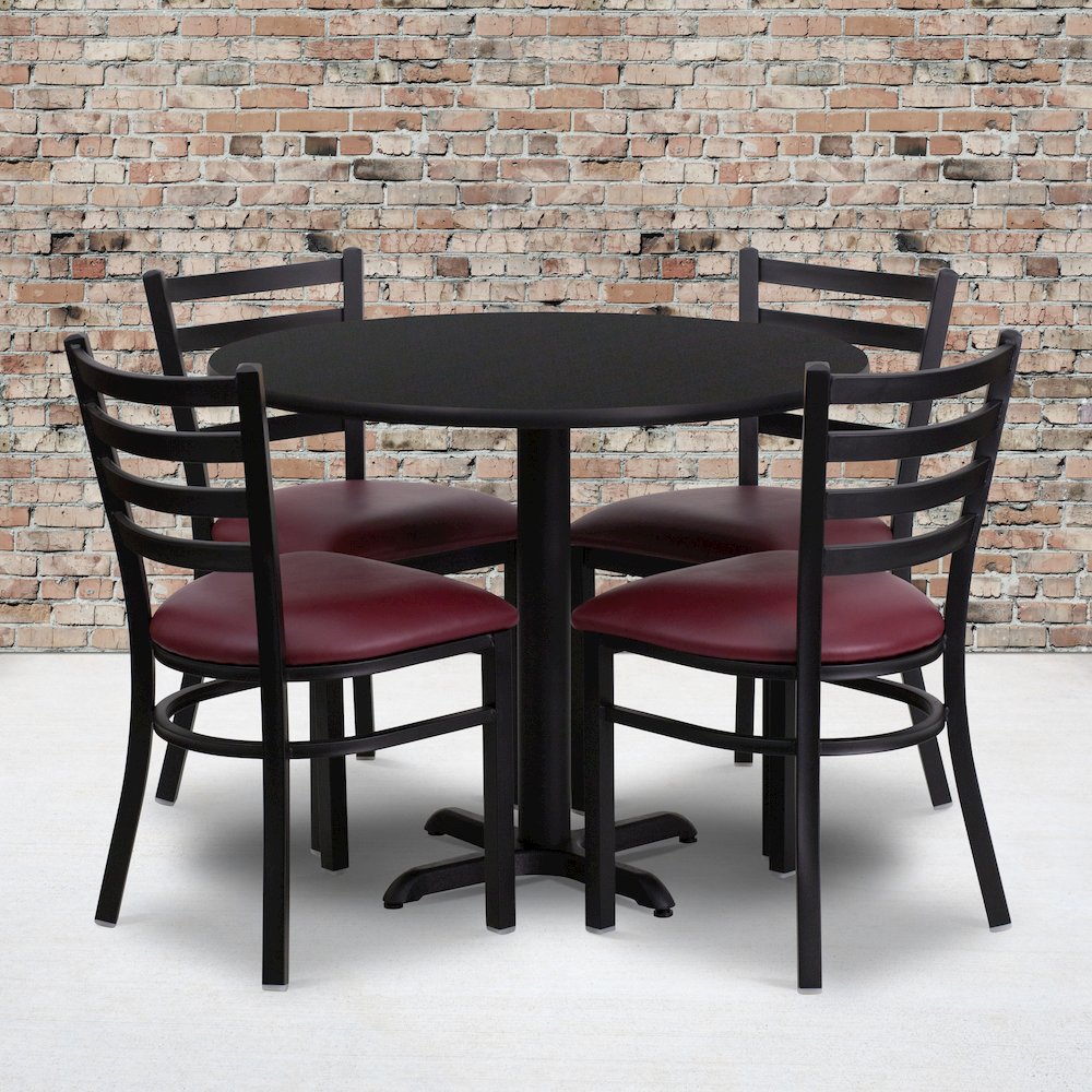 36'' Round Black Laminate Table Set with X-Base and 4 Ladder Back Metal Chairs - Burgundy Vinyl Seat. Picture 2