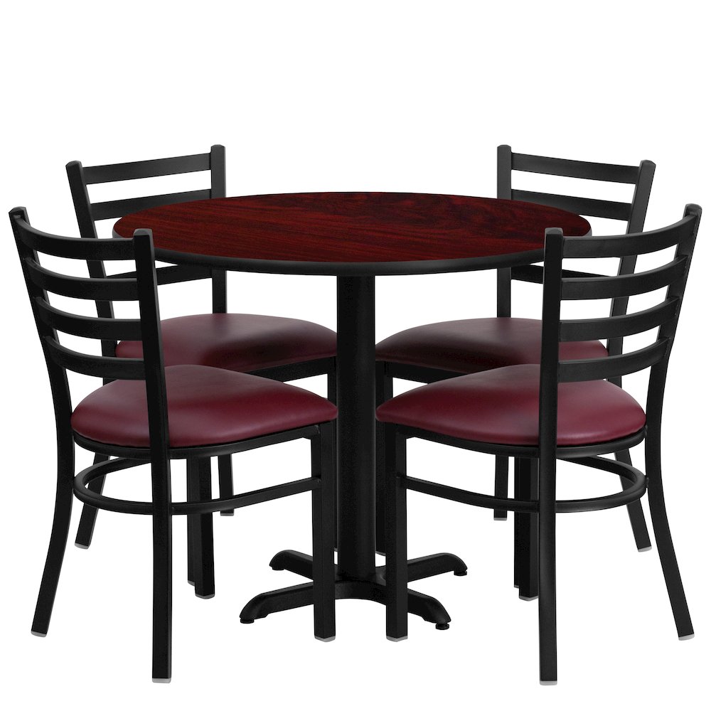 36'' Mahogany Table Set with X-Base and 4 Metal Chairs - Burgundy Vinyl Seat. Picture 1