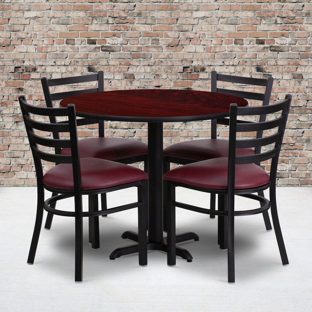 36'' Mahogany Table Set with X-Base and 4 Metal Chairs - Burgundy Vinyl Seat. Picture 2