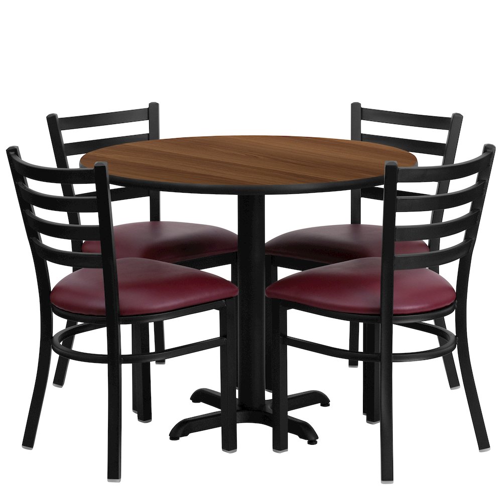 36'' Round Walnut Laminate Table Set with X-Base and 4 Ladder Back Metal Chairs - Burgundy Vinyl Seat. Picture 1