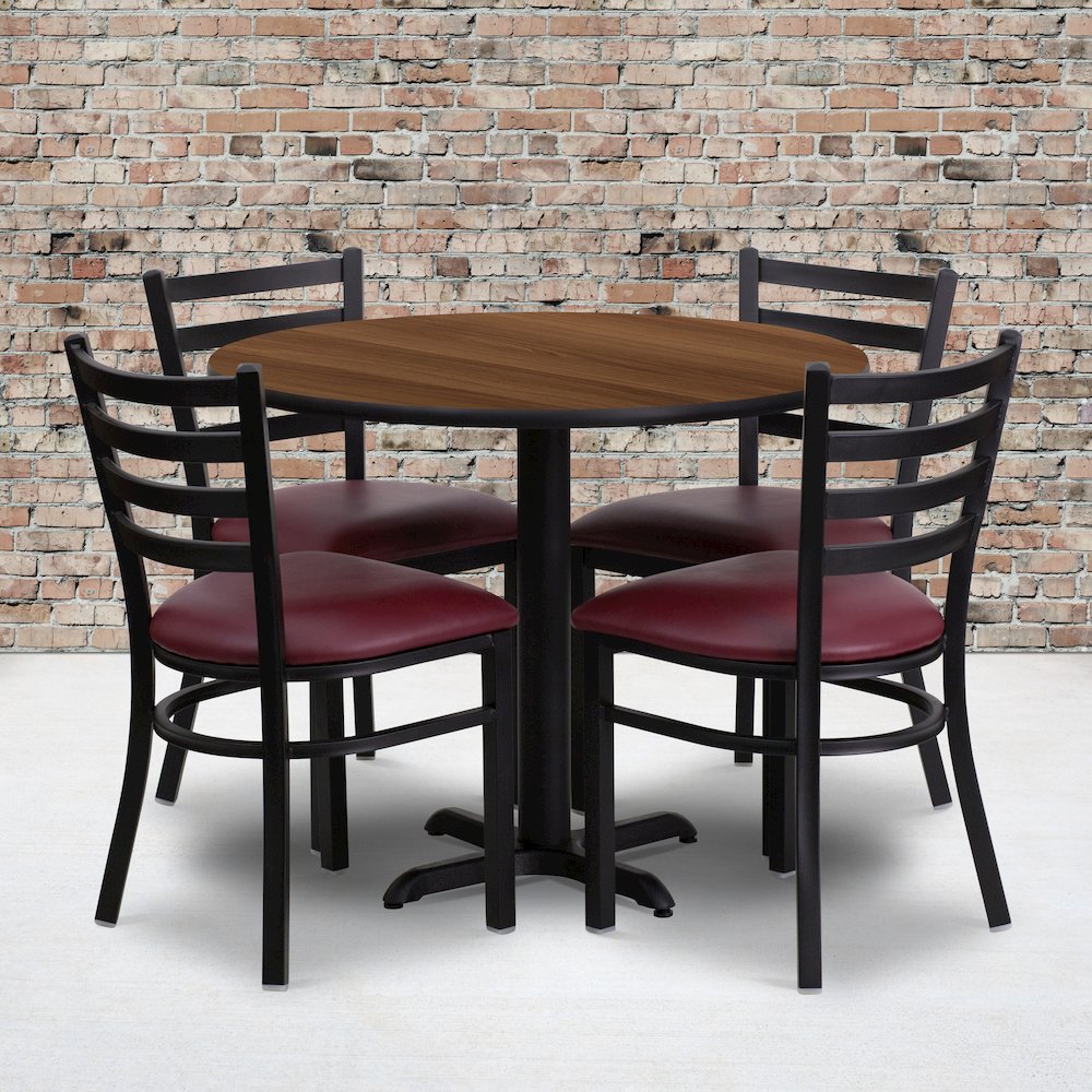 36'' Round Walnut Laminate Table Set with X-Base and 4 Ladder Back Metal Chairs - Burgundy Vinyl Seat. Picture 2