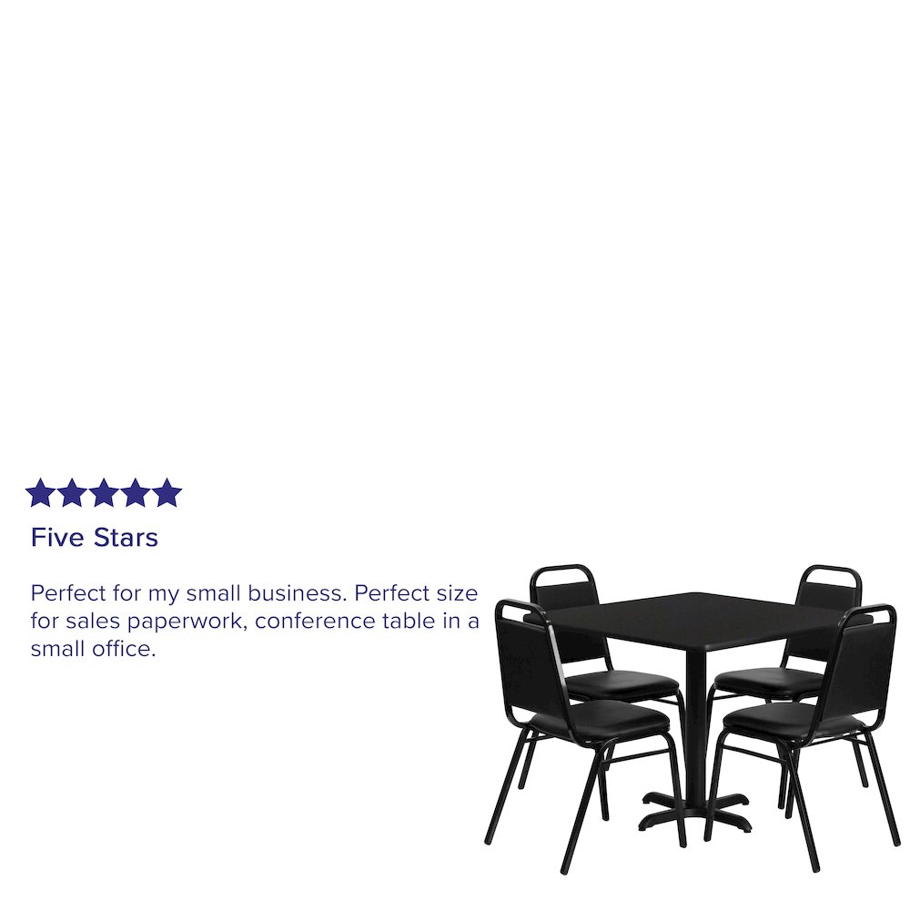 36'' Square Black Laminate Table Set with X-Base and 4 Black Trapezoidal Back Banquet Chairs. Picture 3