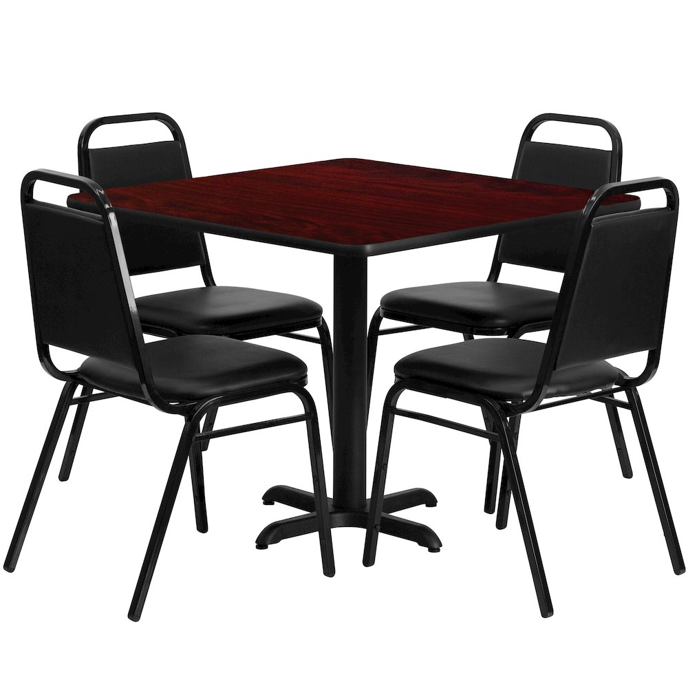 36'' Mahogany Table Set with X-Base and 4 Black Trapezoidal Back Banquet Chairs. Picture 1