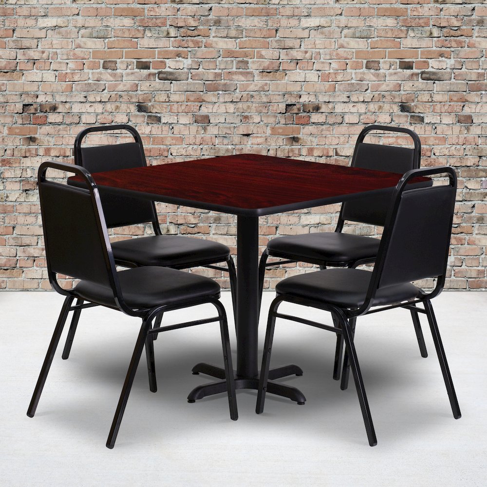 36'' Mahogany Table Set with X-Base and 4 Black Trapezoidal Back Banquet Chairs. Picture 2