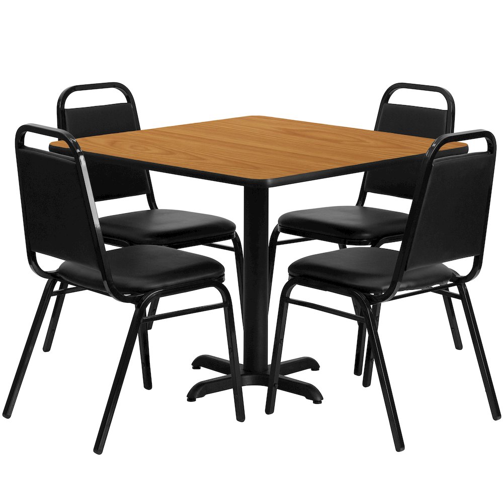 36'' Natural Table Set with X-Base and 4 Black Trapezoidal Back Banquet Chairs. Picture 1