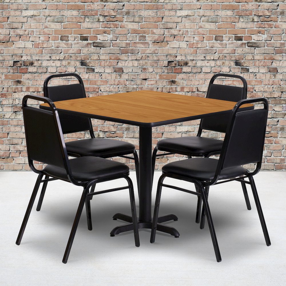 36'' Natural Table Set with X-Base and 4 Black Trapezoidal Back Banquet Chairs. Picture 2