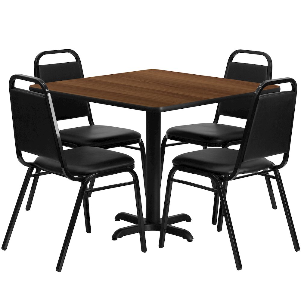 36'' Walnut Table Set with X-Base and 4 Black Trapezoidal Back Banquet Chairs. Picture 1