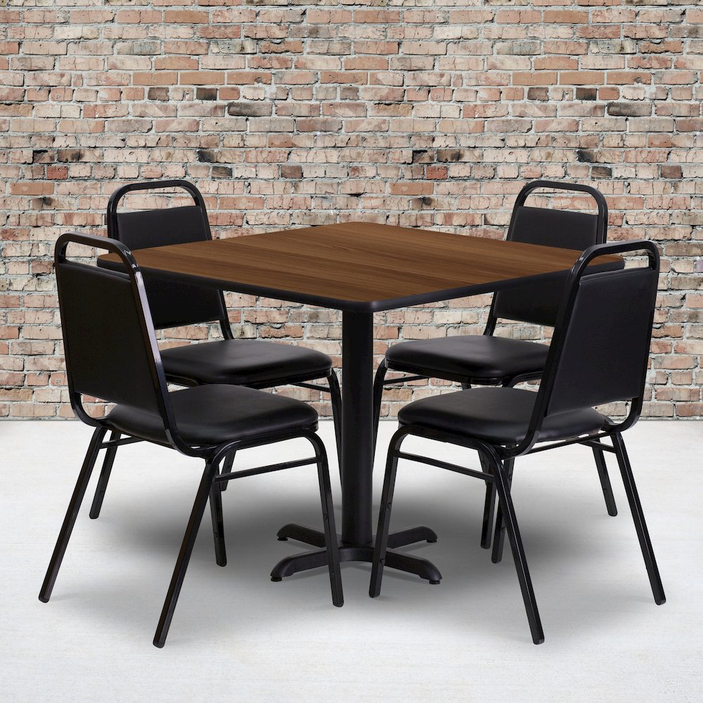 36'' Walnut Table Set with X-Base and 4 Black Trapezoidal Back Banquet Chairs. Picture 2