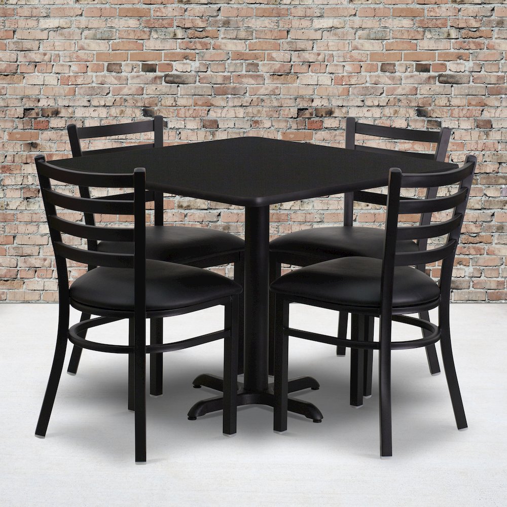 36'' Square Black Laminate Table Set with X-Base and 4 Ladder Back Metal Chairs - Black Vinyl Seat. Picture 2