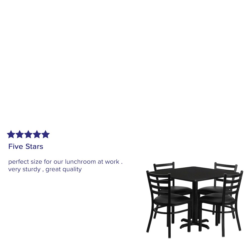 36'' Square Black Laminate Table Set with X-Base and 4 Ladder Back Metal Chairs - Black Vinyl Seat. Picture 3