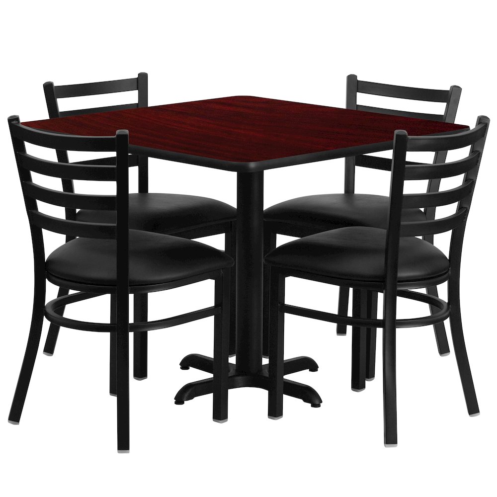 36'' Square Mahogany Laminate Table Set with X-Base and 4 Ladder Back Metal Chairs - Black Vinyl Seat. Picture 1