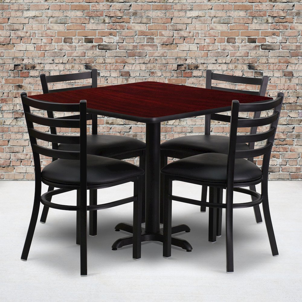 36'' Square Mahogany Laminate Table Set with X-Base and 4 Ladder Back Metal Chairs - Black Vinyl Seat. Picture 2