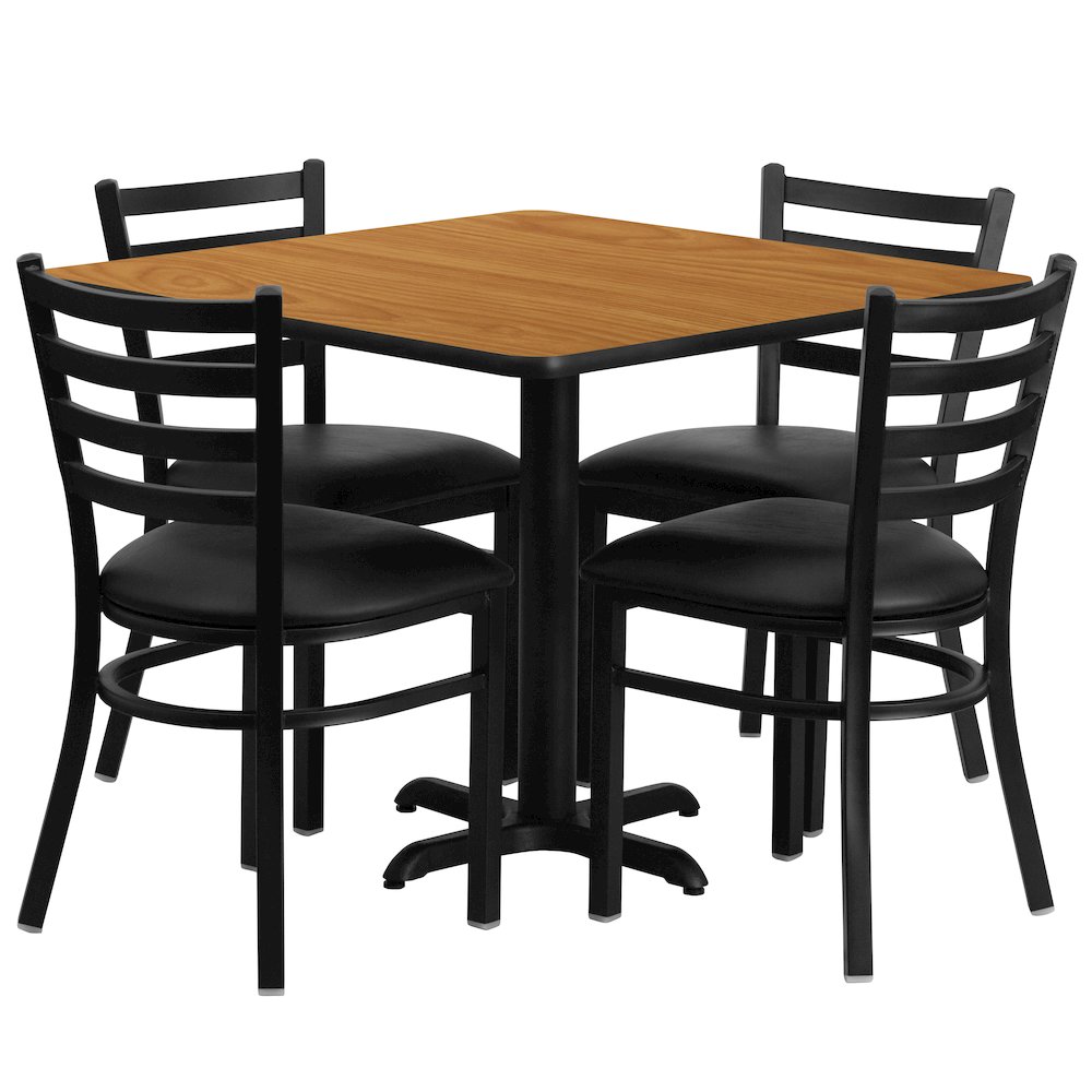 36'' Square Natural Laminate Table Set with X-Base and 4 Ladder Back Metal Chairs - Black Vinyl Seat. Picture 1