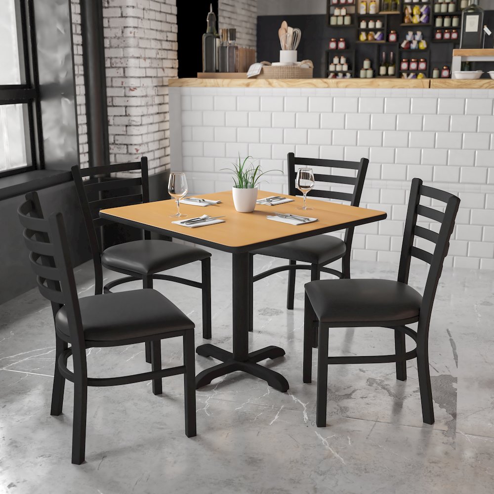 36'' Square Natural Laminate Table Set with X-Base and 4 Ladder Back Metal Chairs - Black Vinyl Seat. Picture 3