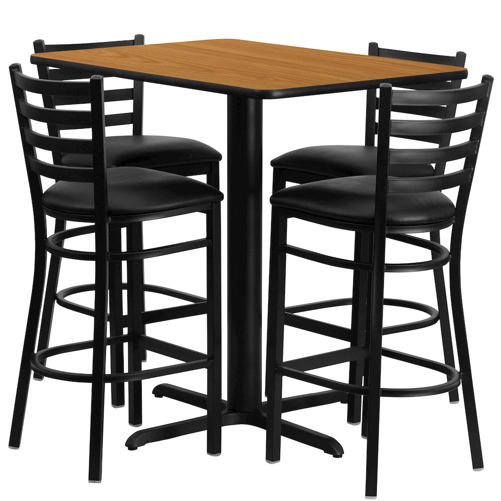 24''W x 42''L Natural Table Set with 4 Metal Barstools - Black Vinyl Seat. Picture 1