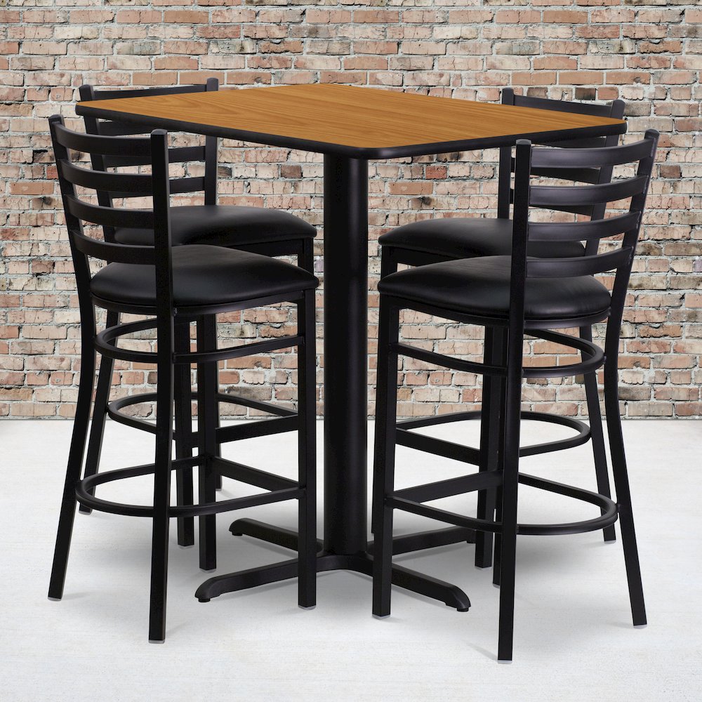 24''W x 42''L Natural Table Set with 4 Metal Barstools - Black Vinyl Seat. Picture 2