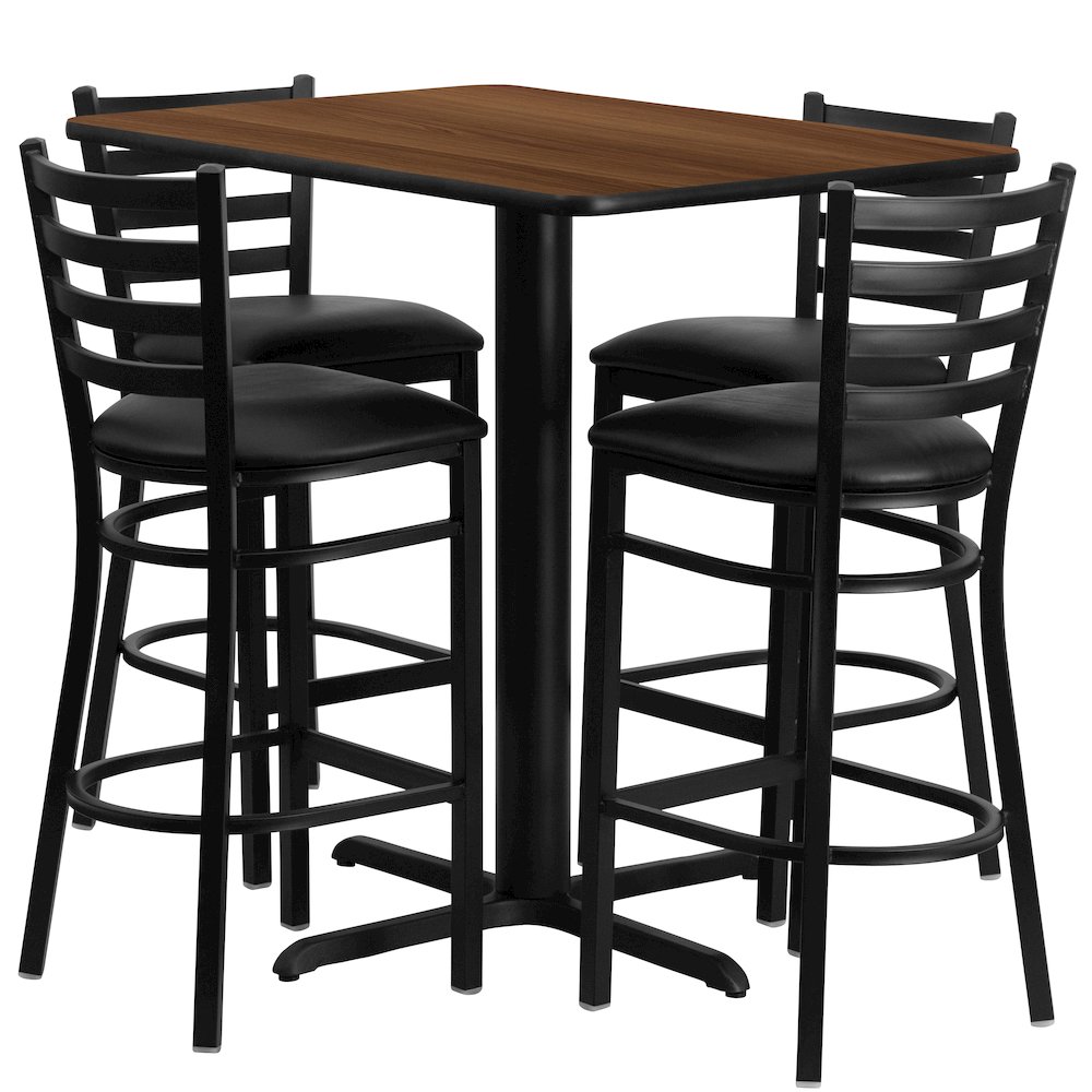 24''W x 42''L Rectangular Walnut Laminate Table Set with 4 Ladder Back Metal Barstools - Black Vinyl Seat. Picture 1