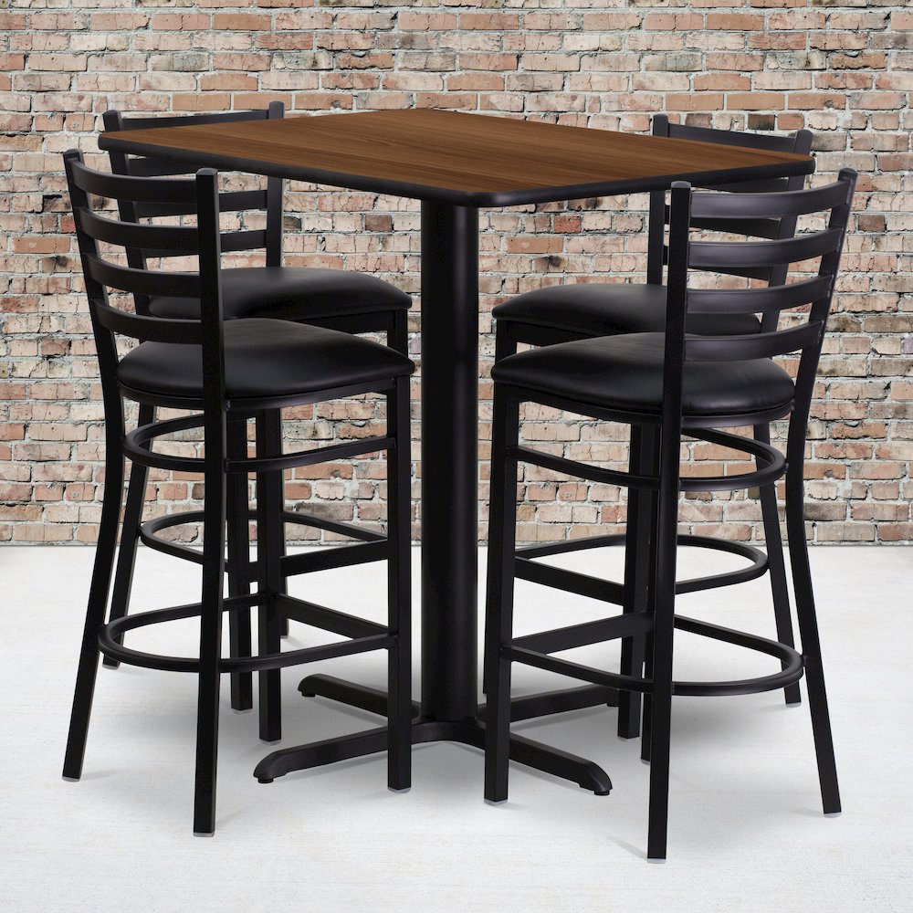 24''W x 42''L Rectangular Walnut Laminate Table Set with 4 Ladder Back Metal Barstools - Black Vinyl Seat. Picture 2