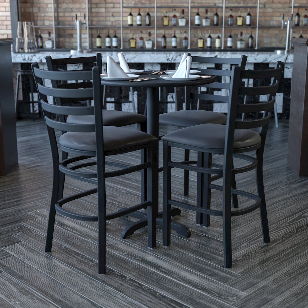 30'' Round Black Laminate Table Set with X-Base and 4 Ladder Back Metal Barstools - Black Vinyl Seat. Picture 3