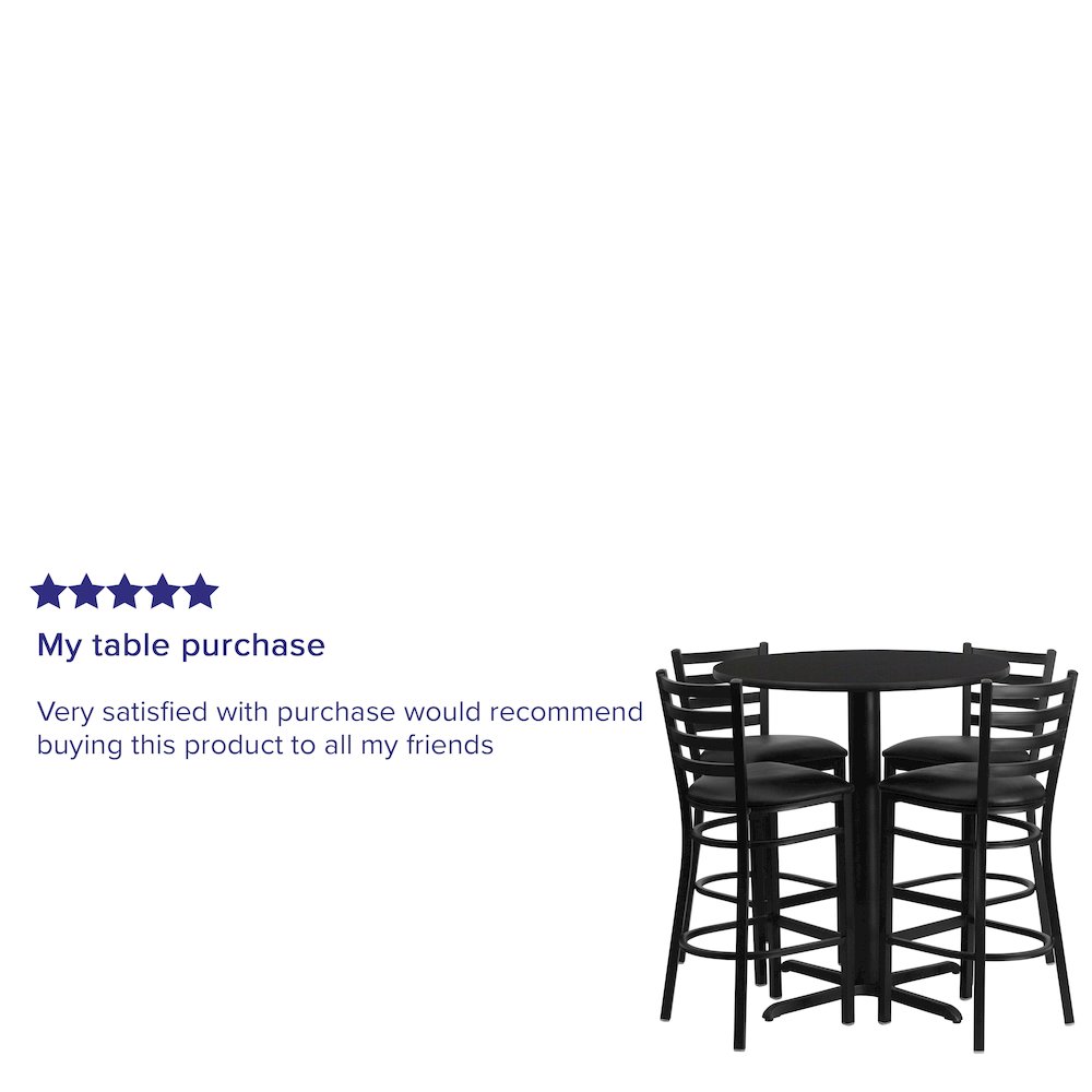 30'' Round Black Laminate Table Set with X-Base and 4 Ladder Back Metal Barstools - Black Vinyl Seat. Picture 4