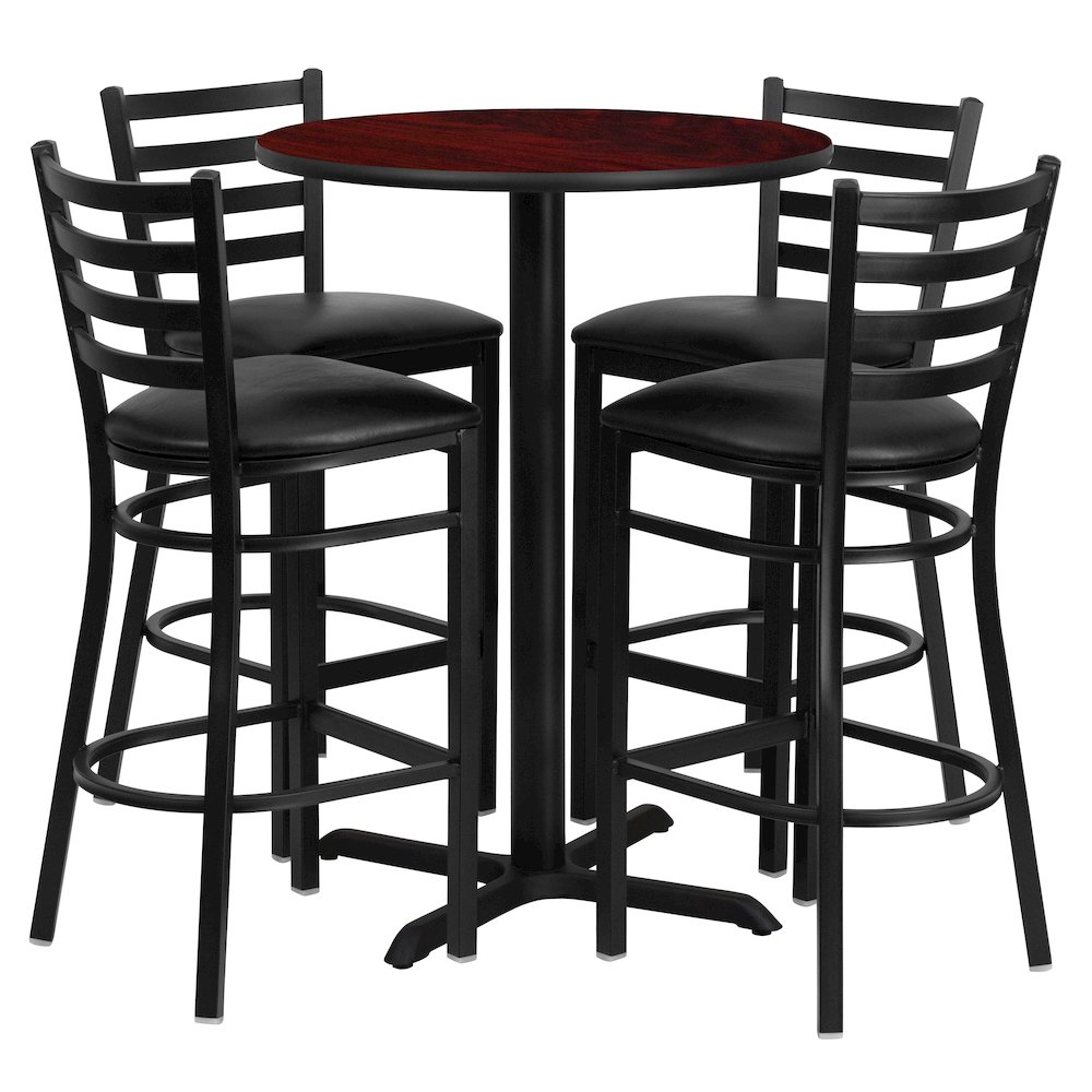 30'' Mahogany Table Set with X-Base and 4 Metal Barstools - Black Vinyl Seat. Picture 1