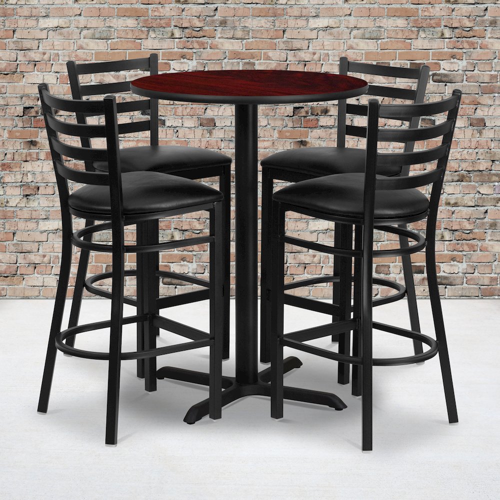 30'' Mahogany Table Set with X-Base and 4 Metal Barstools - Black Vinyl Seat. Picture 2