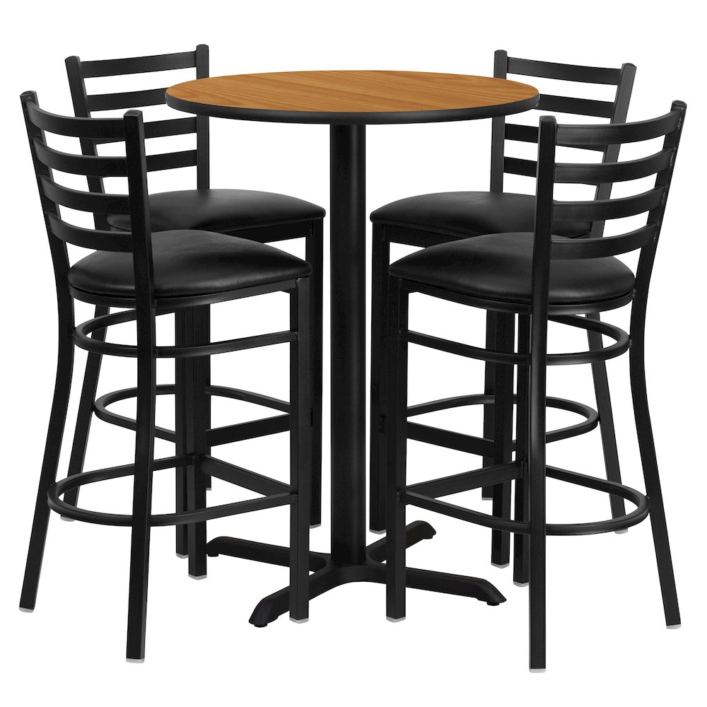 30'' Natural Table Set with X-Base and 4 Metal Barstools - Black Vinyl Seat. Picture 1