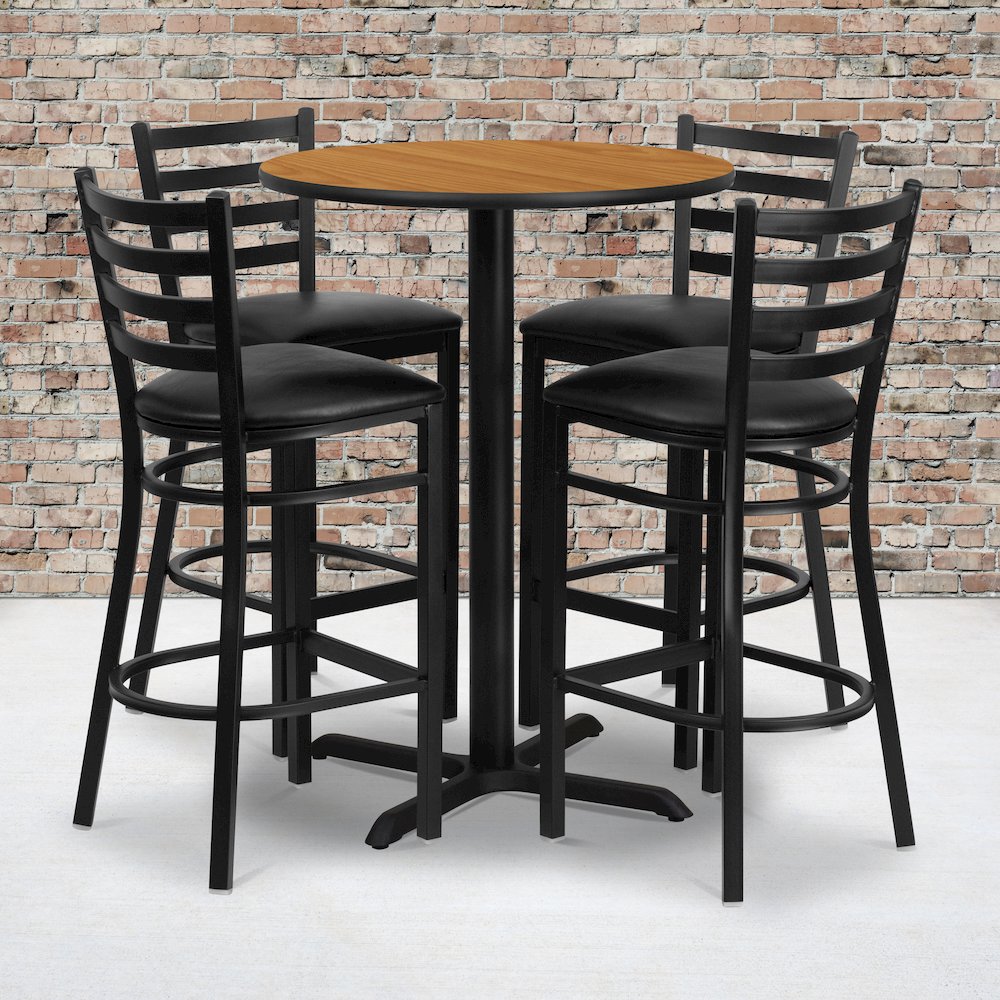 30'' Natural Table Set with X-Base and 4 Metal Barstools - Black Vinyl Seat. Picture 2