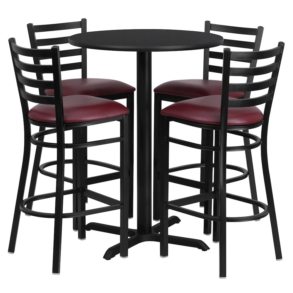 30'' Black Table Set with X-Base and 4 Metal Barstools - Burgundy Vinyl Seat. Picture 1
